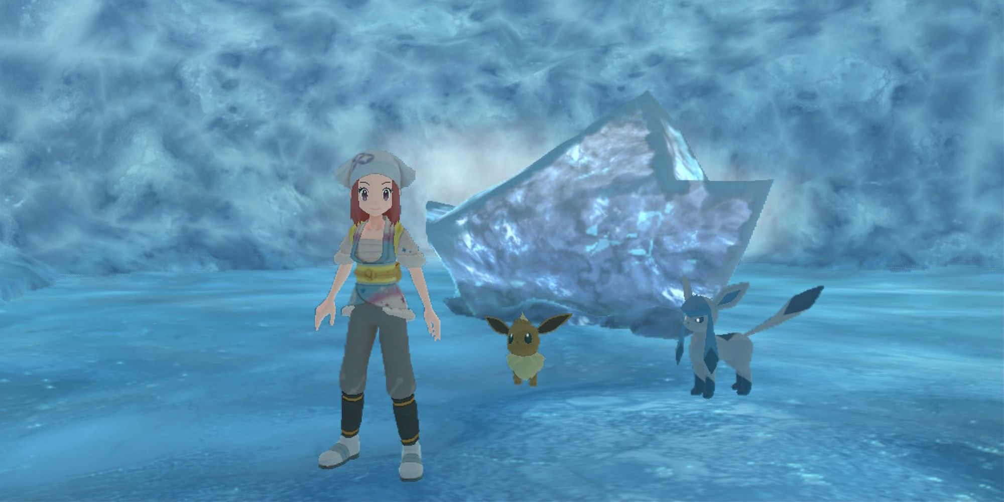 player standing next to eevee and glaceon at the ice rock