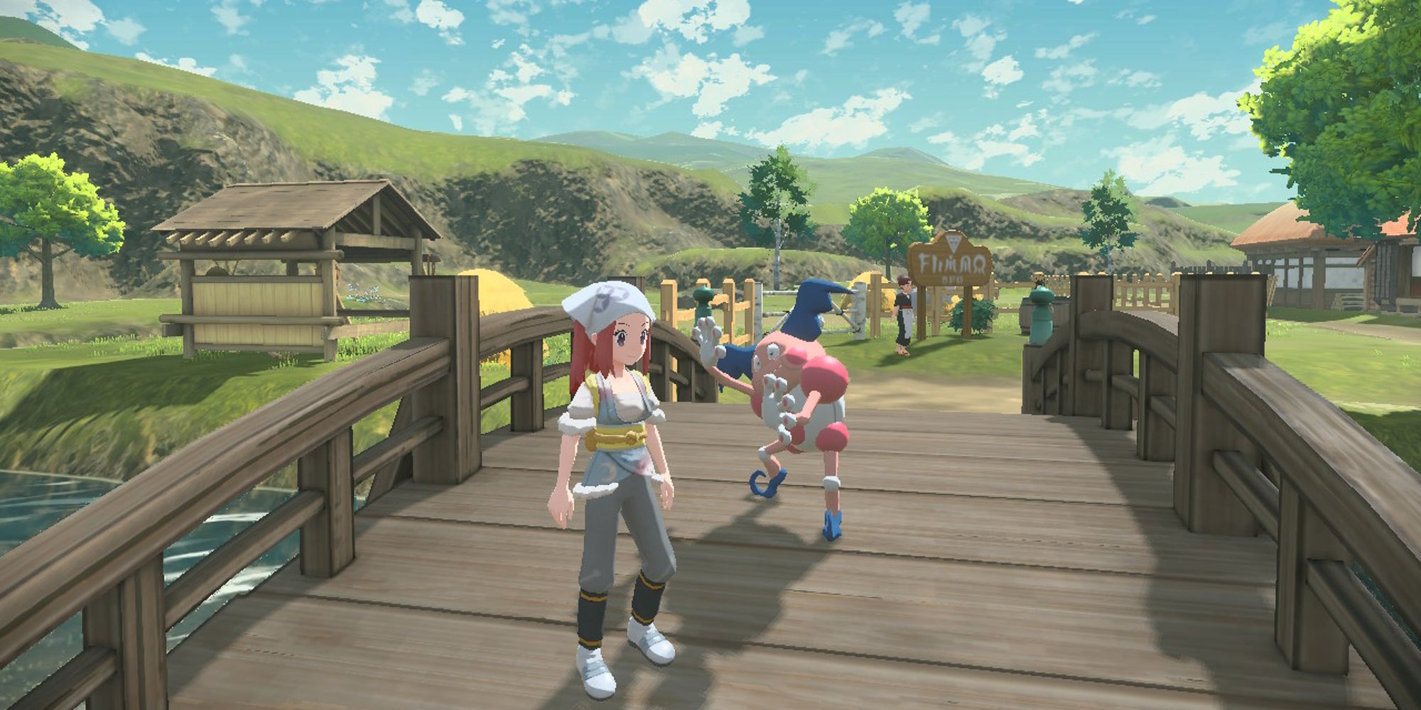 player standing next to mr. mime on bridge in jubilife village