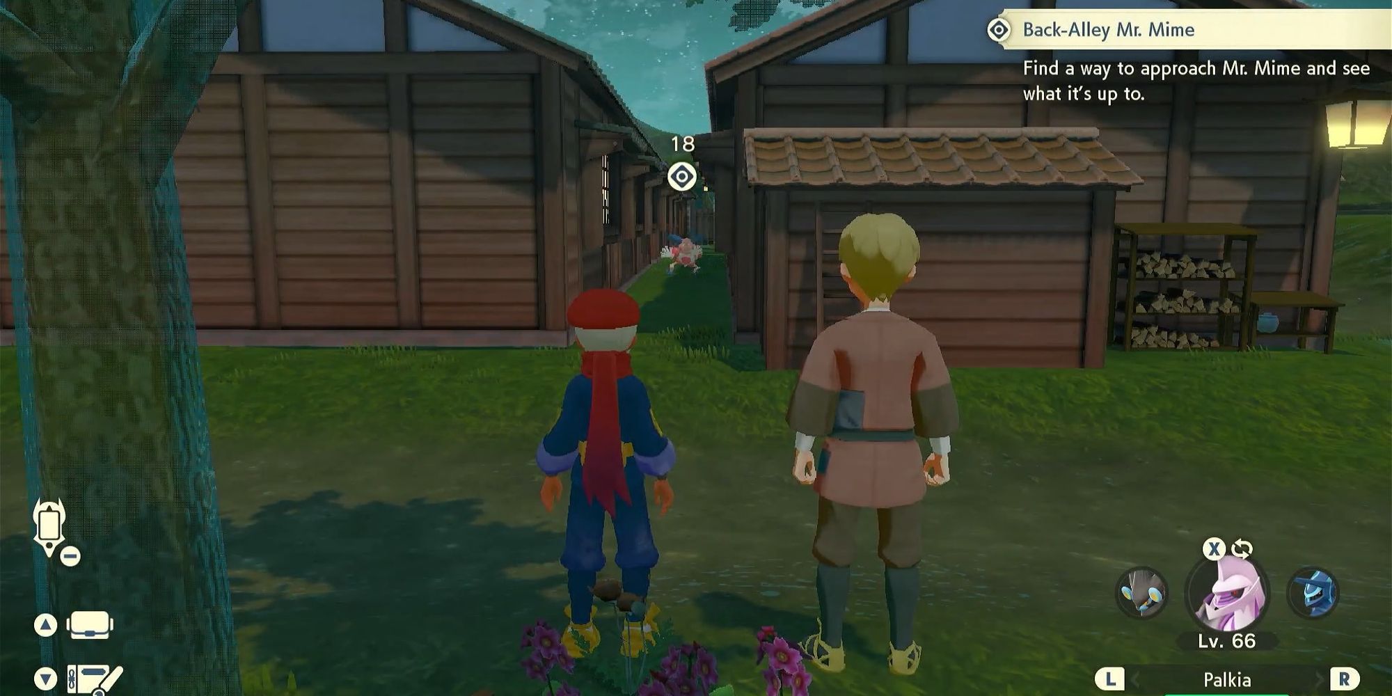 player standing next to andra, looking at mr, mime standing between rows of houses