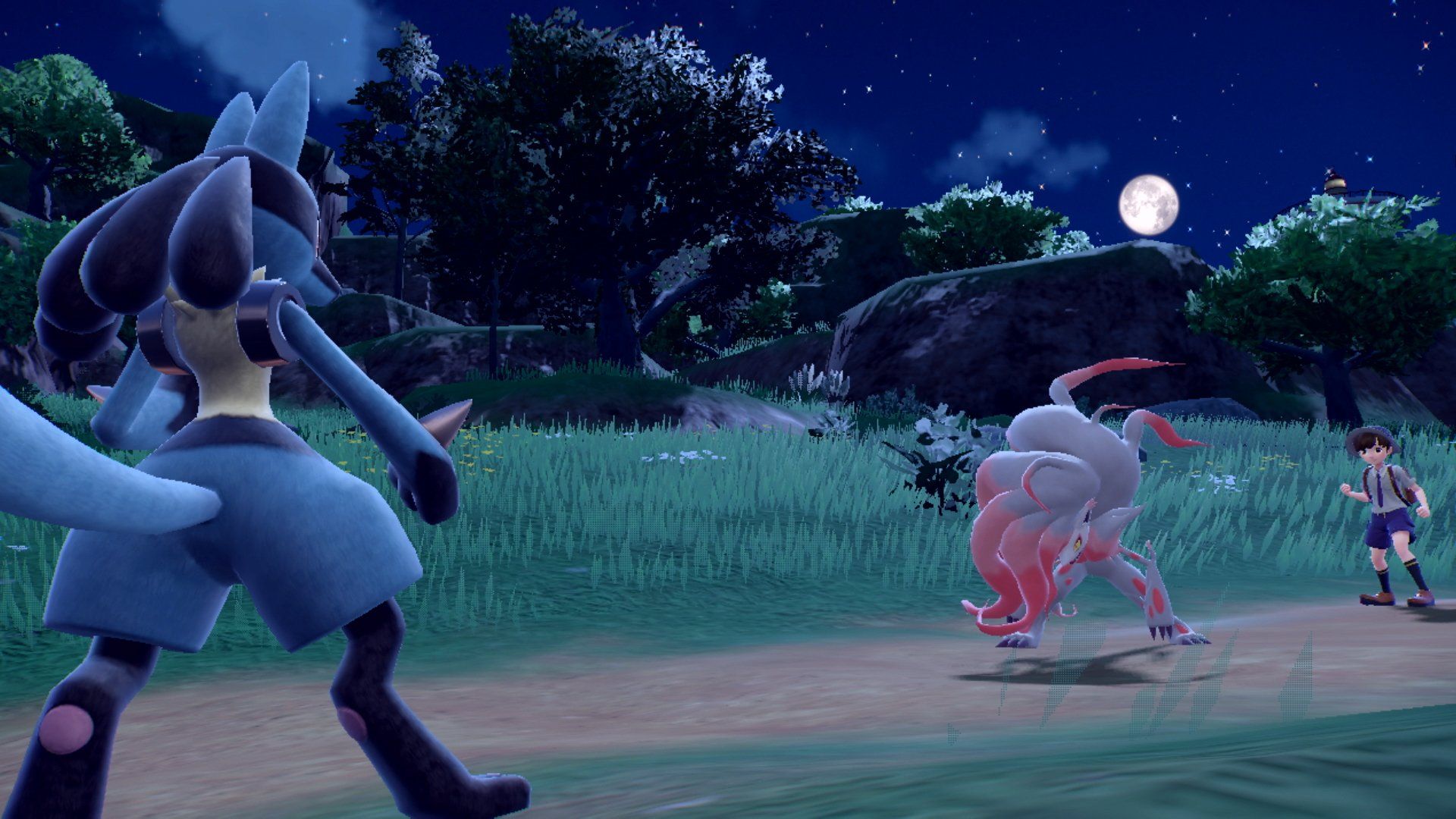 A screenshot of Pokemon Scarlet & Violet showing Lucario battling a trainer with a Hisuian Zoroark