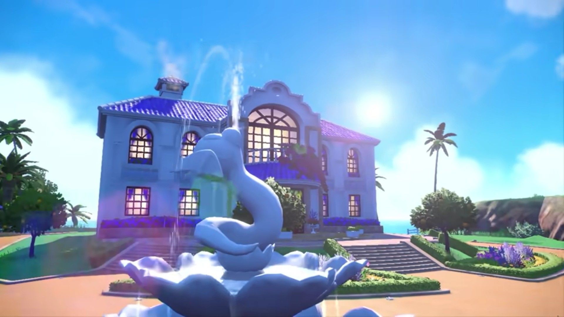 A Screenshot of Pokemon Scarlet & Violet showing a large white building with a Dratini fountain outside