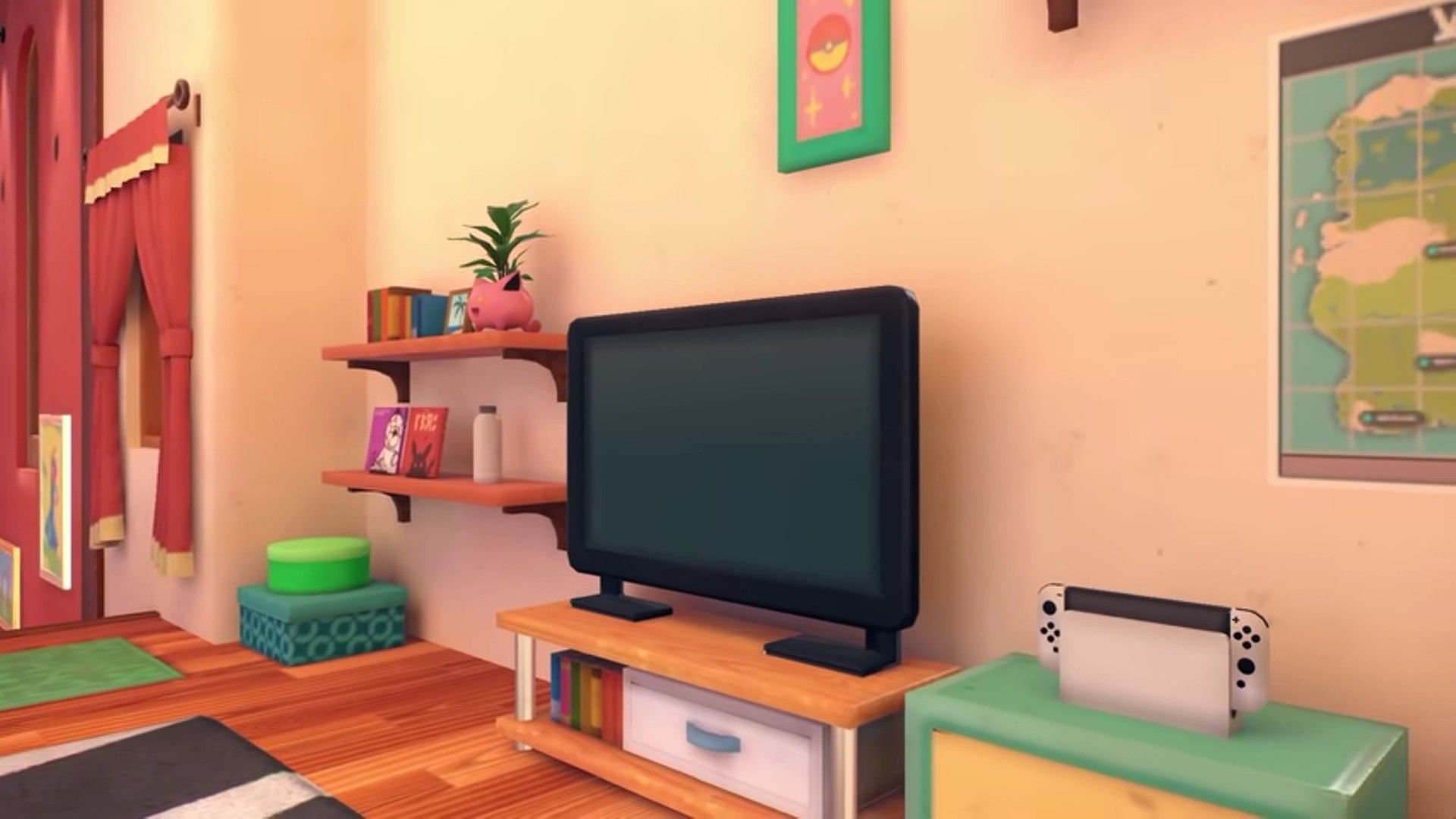 Screenshot of Pokemon Scarlet & Violet showing the interior of players home, a TV, an OLED Ninendo Switch and a corner of the world map on the wall