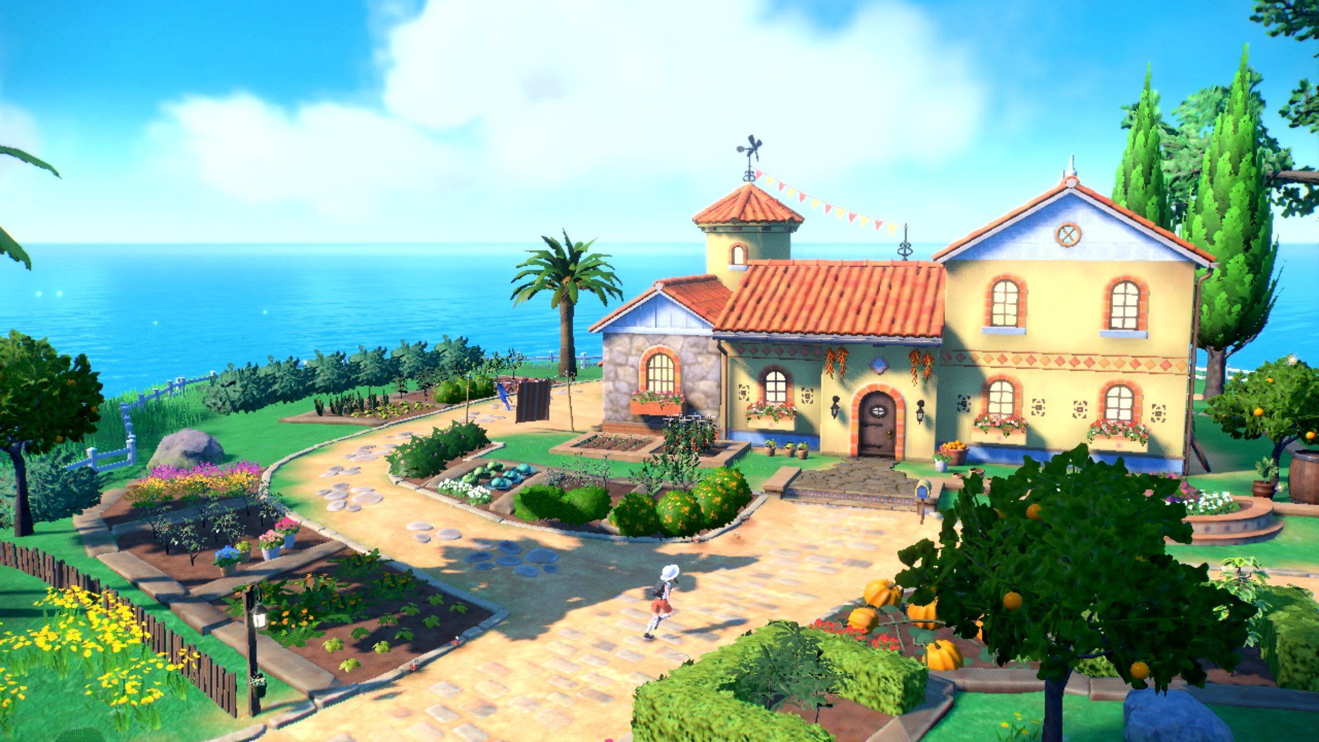 A screenshot of Pokemon Scralet & Violet showing the main character running toward a seaside building