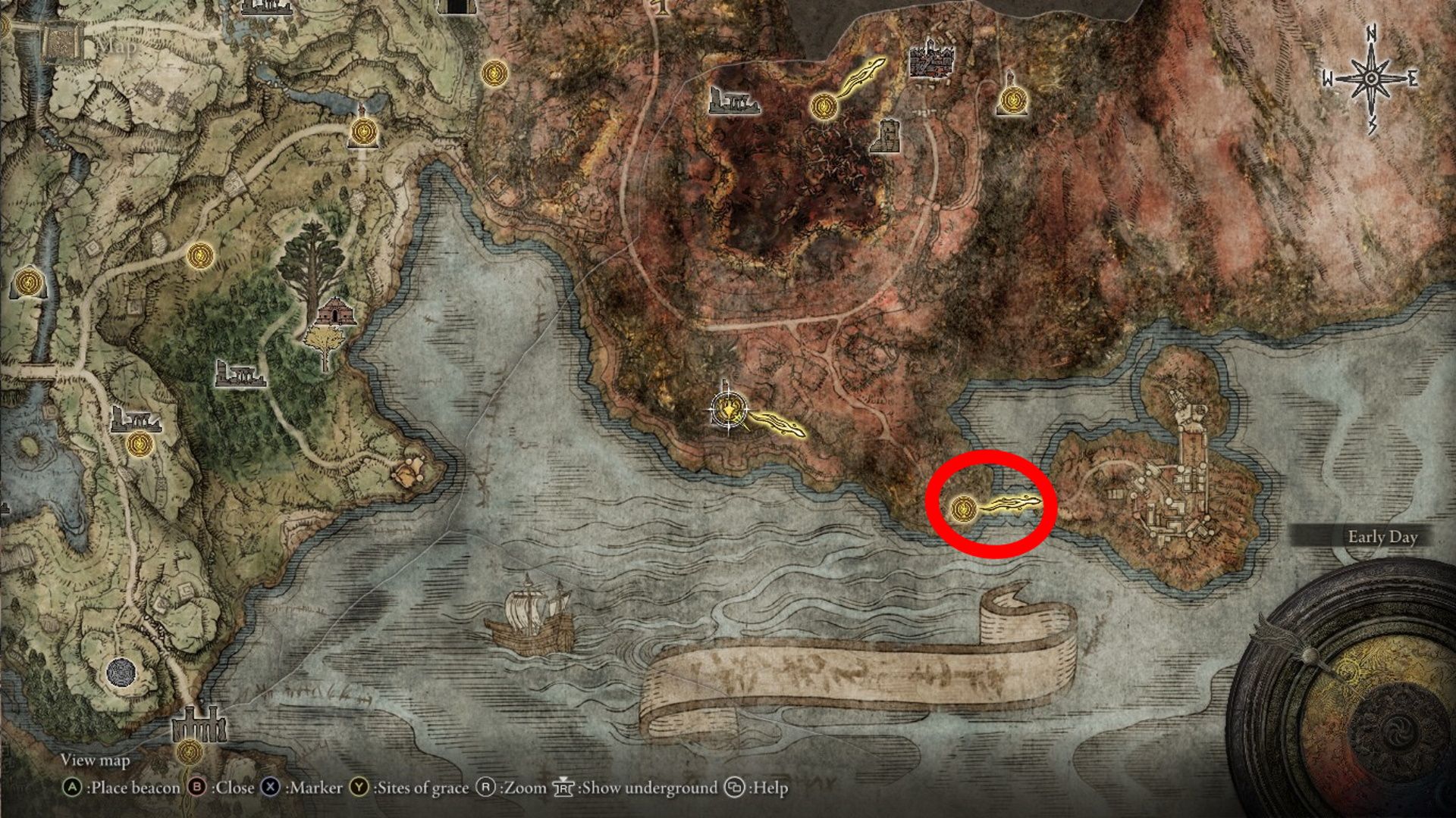 Map of Caelid showing Redmane Castle's location