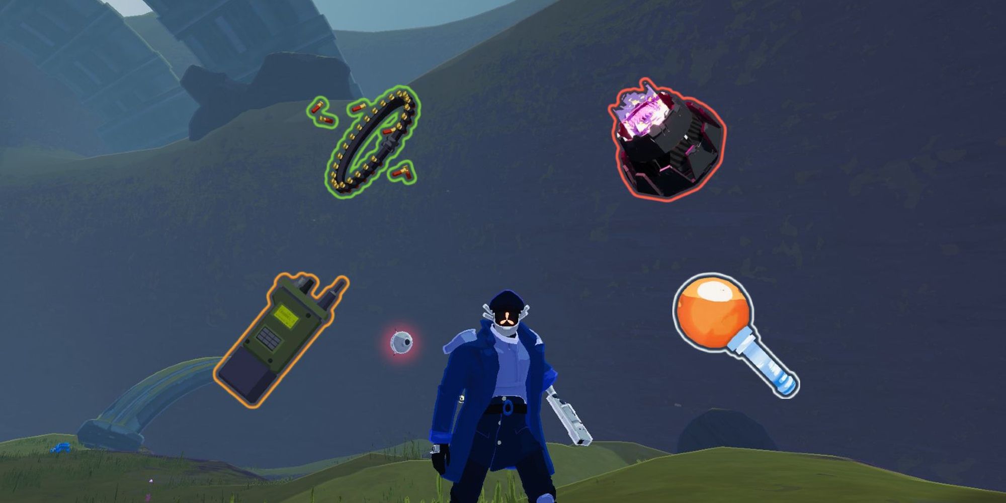 captain standing on cliff with four of his best items on the image