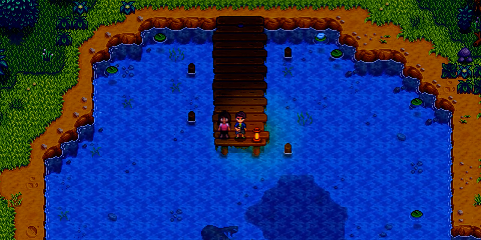 A player stands with Shane on the dock in Cindersap Forest, near the Traveling Cart and Marnie's Ranch