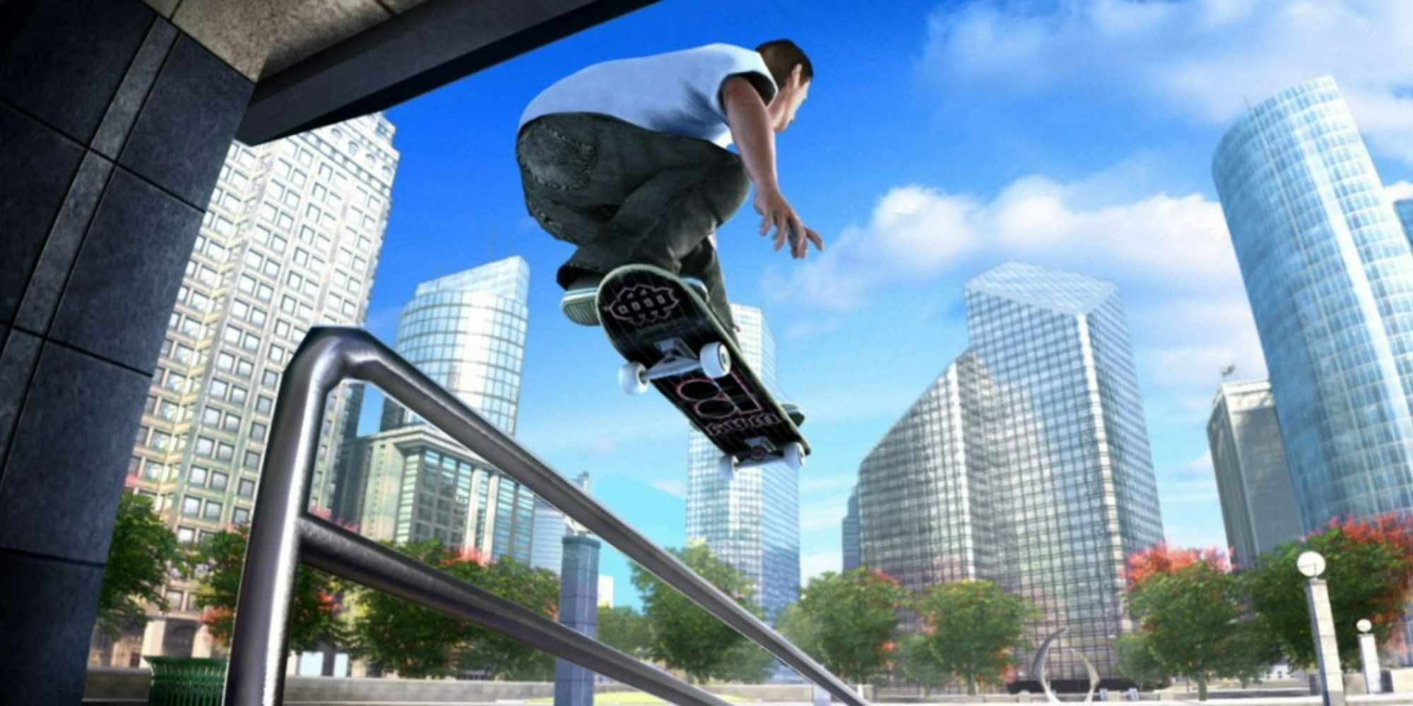 skater about to grind a rail in cityscape in skate