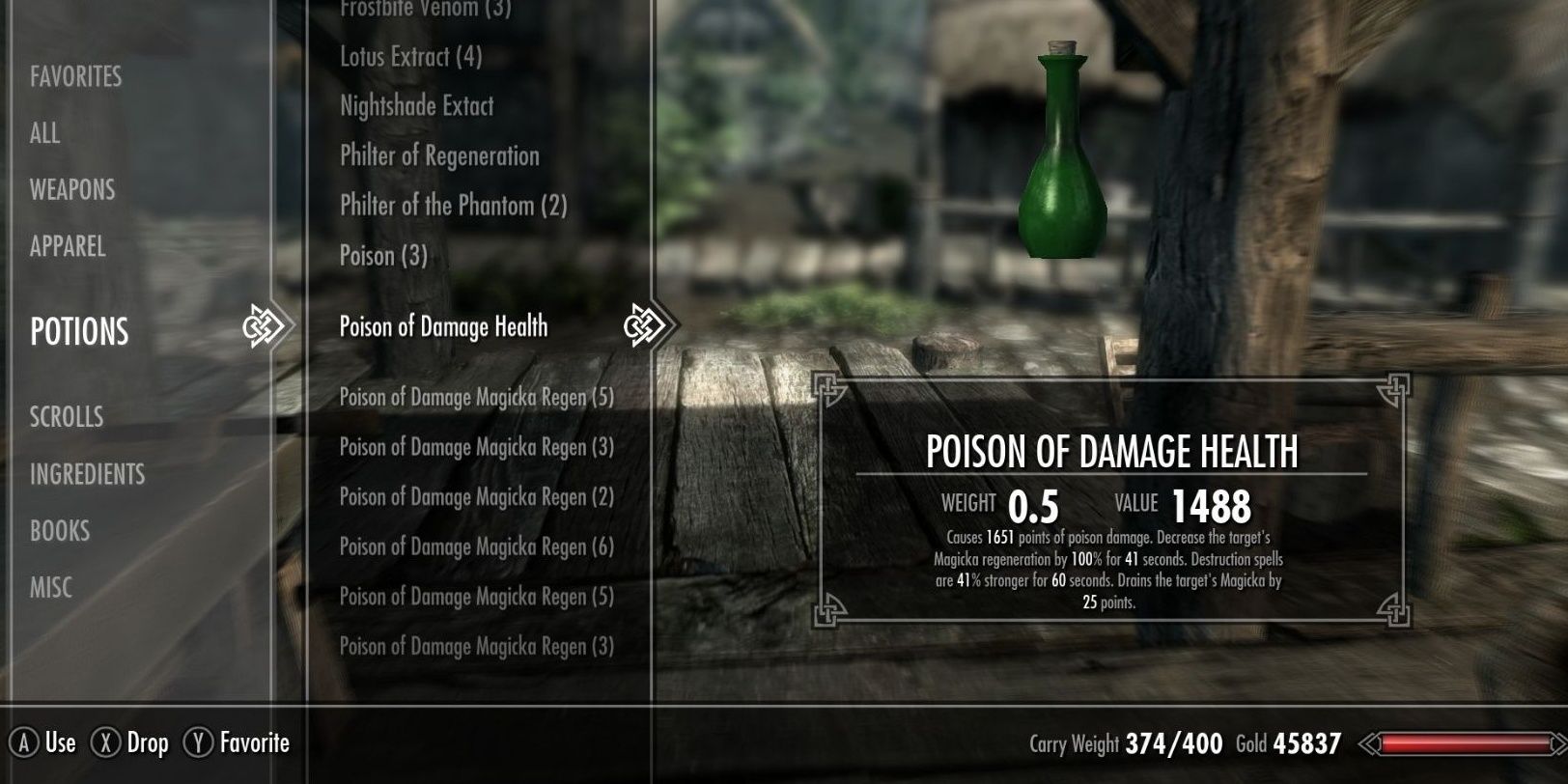 skyrim open potions menu in riverwood stopped on poison of damage health