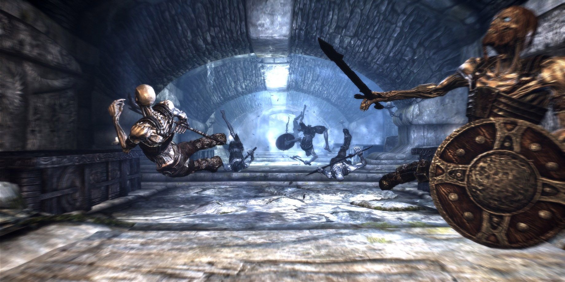 Draugr fly through the air as they are Fus Ro Dah'd in The Elder Scrolls V: Skyrim