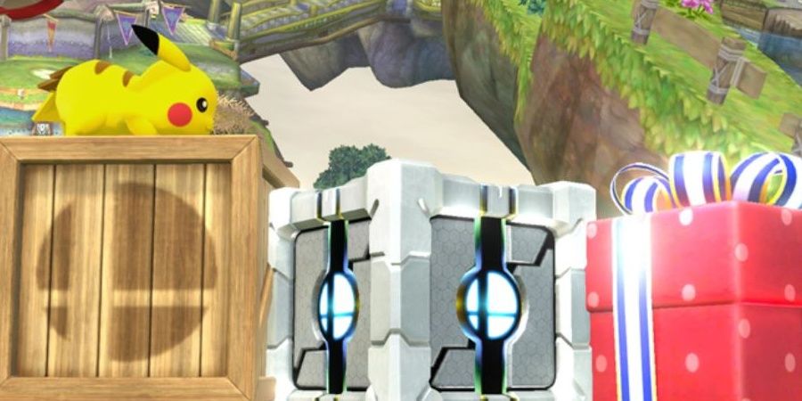 Pikachu resting on several crates in Super Smash Bros. for Wii U and 3DS