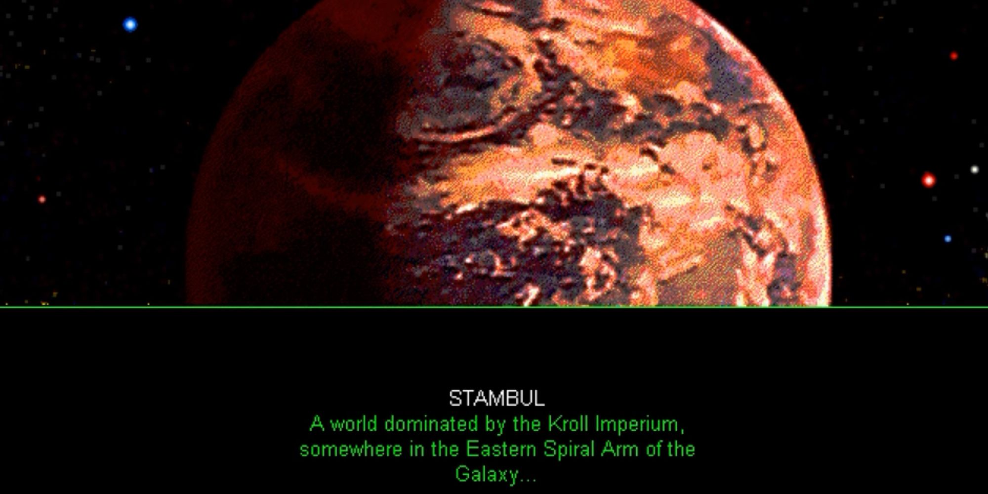 A screenshot from Spaceship Warlock's opening cinematic, showing a character named Stambul telling the player about a distant planet