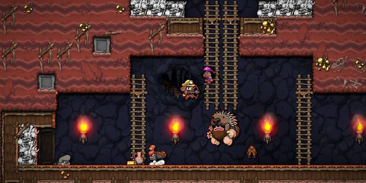 spelunky 2 dropping down on a mini boss