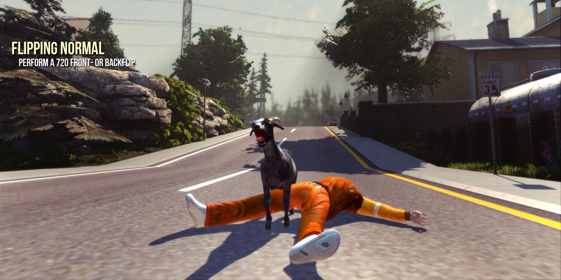 A goat stands on a body in Goat Simulator