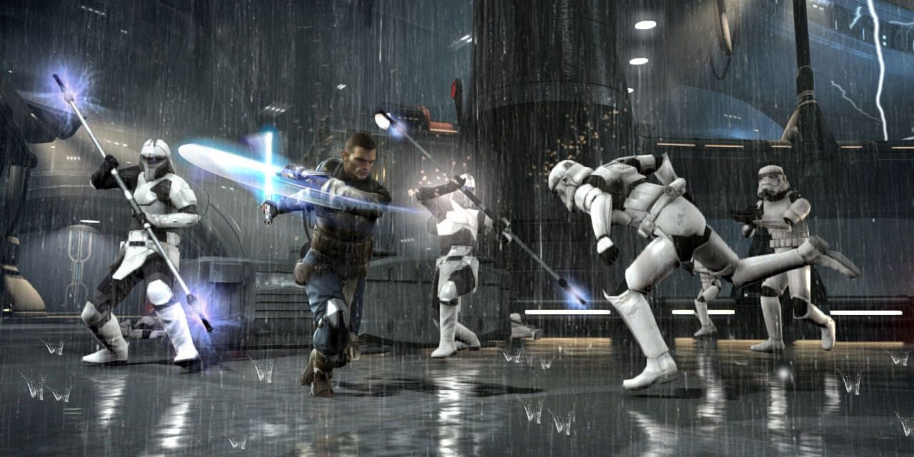 Starkiller attacks Stormstroopers with a lightsaber in Star Wars: The Force Unleashed 2