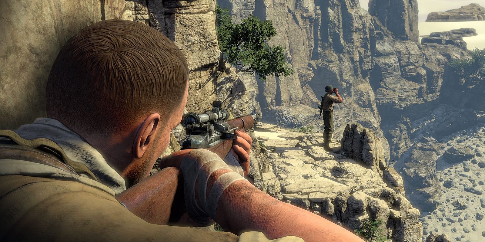 A sniper lines up a shot on an unwitting enemy.