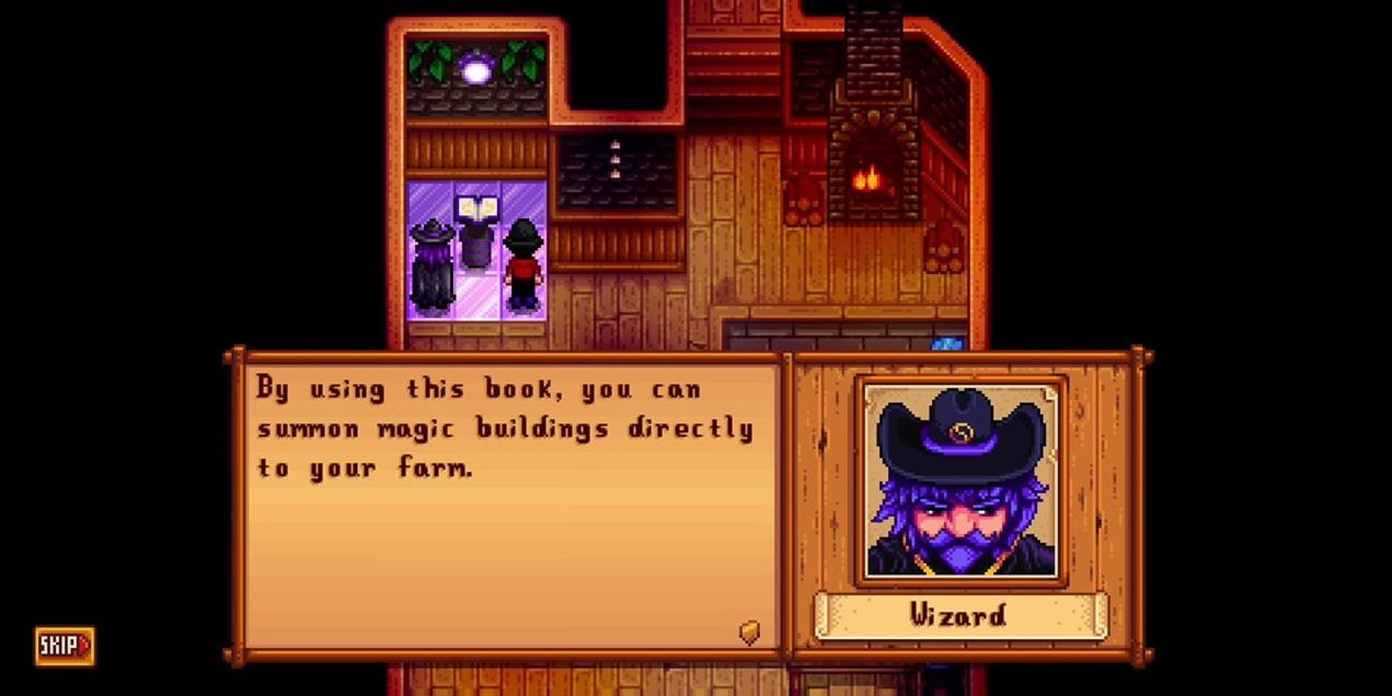 wizard showing player the magic book to build wizard buildings