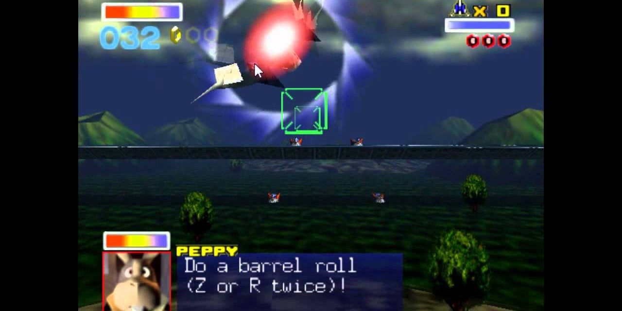 Screenshot from Starfox 64 with the iconic "Do a barrel roll" quote