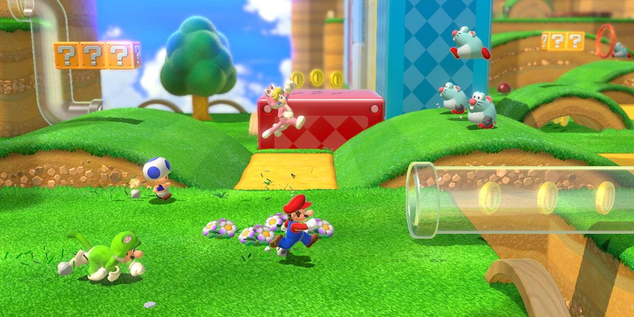 A screenshot showing Mario, Luigi, Princess Peach and Toad running through a level in Super Mario 3D World