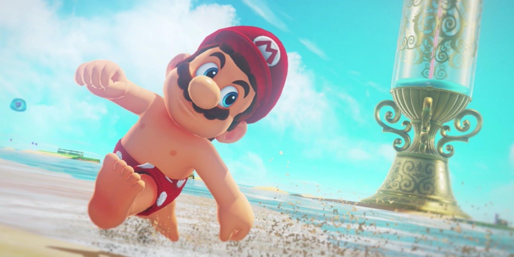 A screenshot showing Mario running on a beach in Super Mario Odyssey