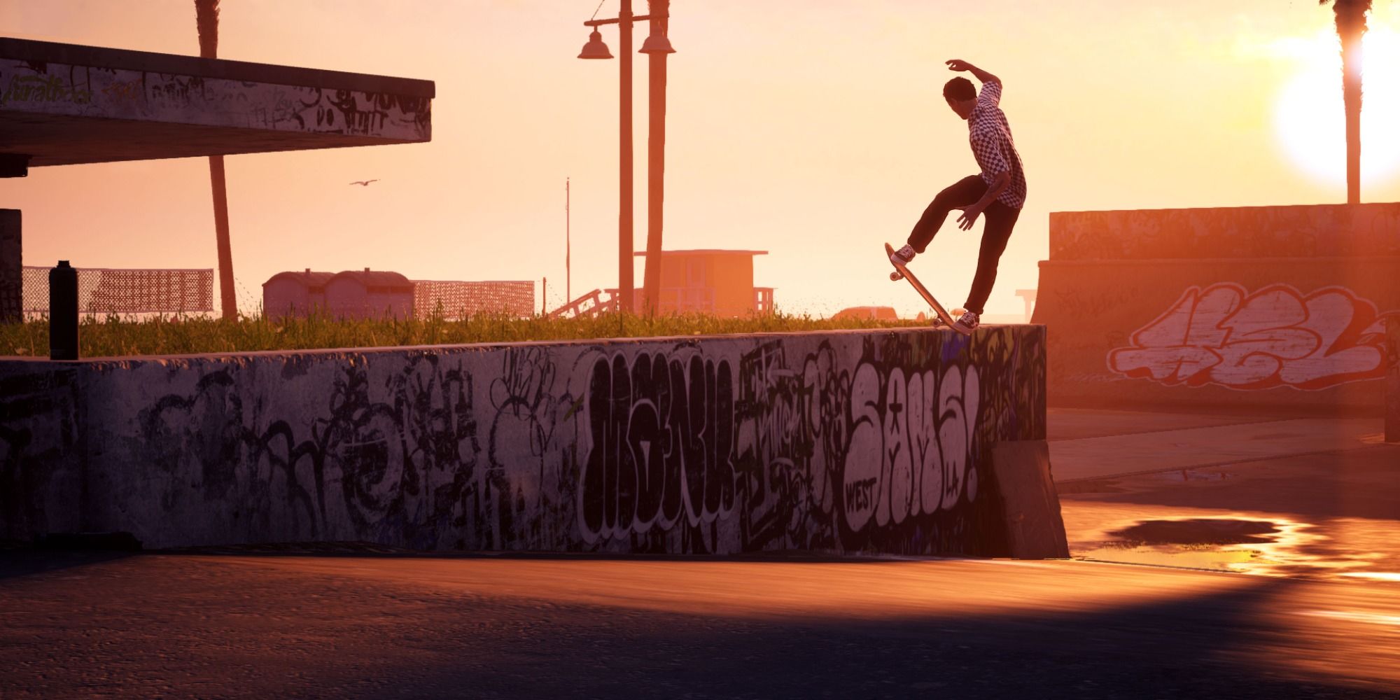 A screenshot showing the silhouette of a skateboarder performing a trick in Tony Hawk's Pro Skater 1 + 2