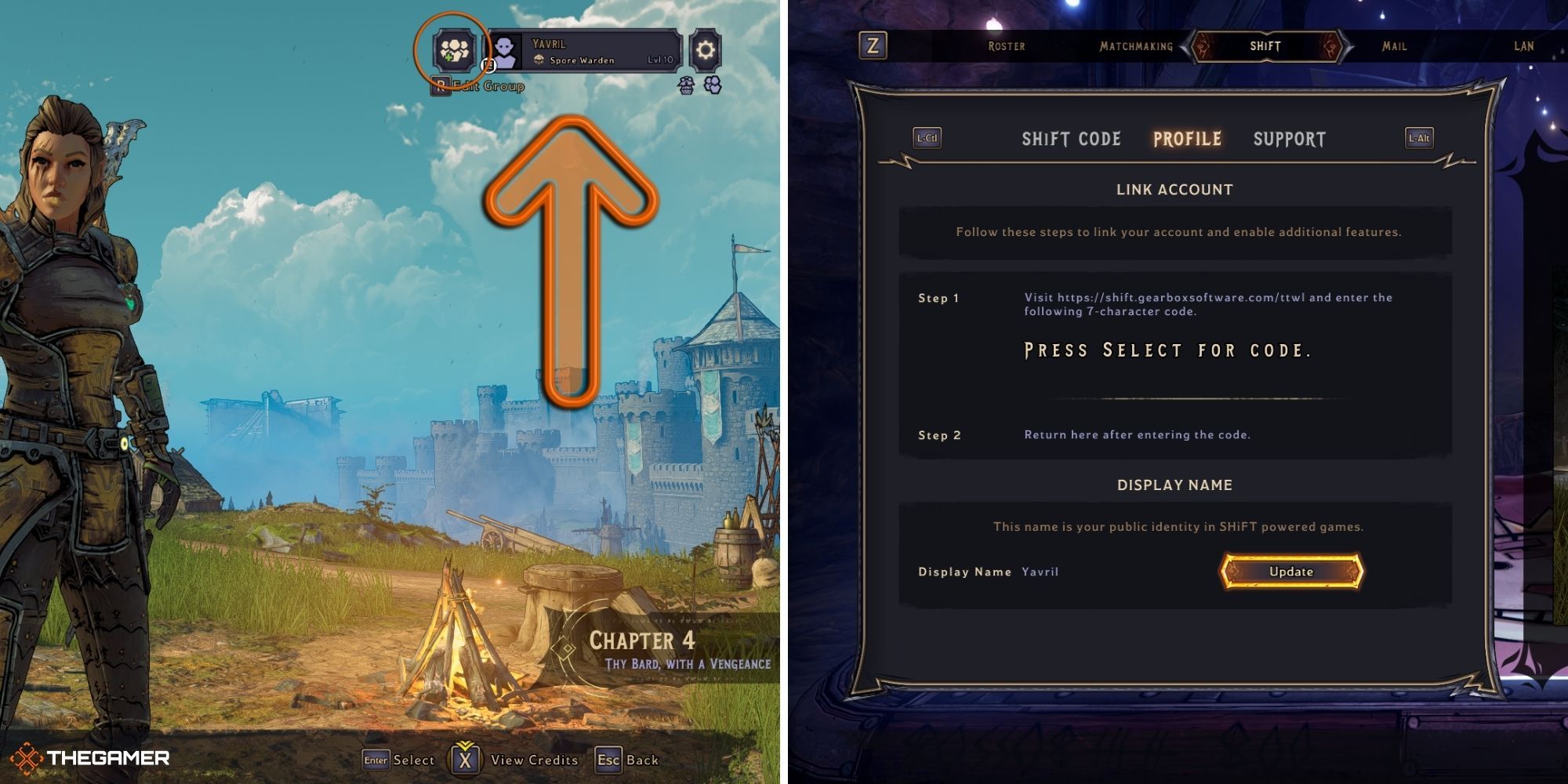 tiny tina's wonderlands - multiplayer menu access on left, shift settings on right