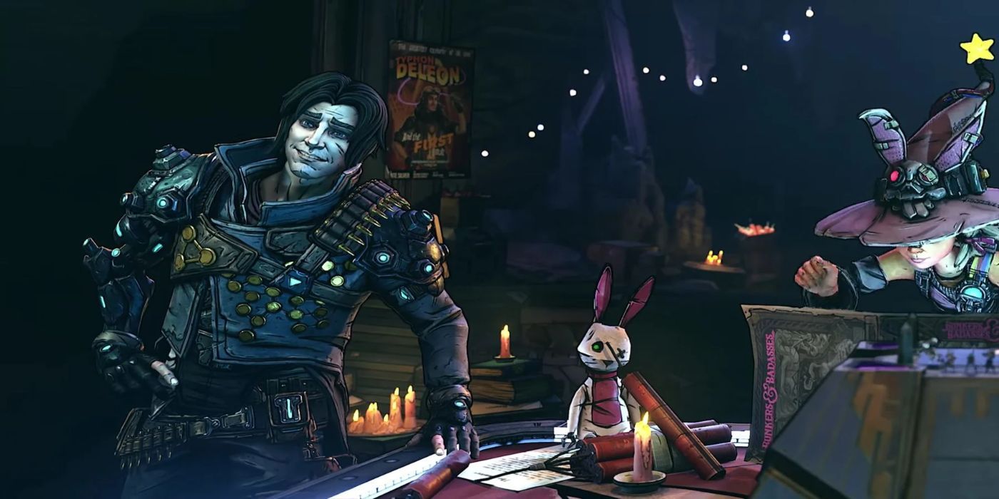 Valentine and Tina in the game room, with a Typhon DeLeon Poster from Borderlands 3 visible in the background
