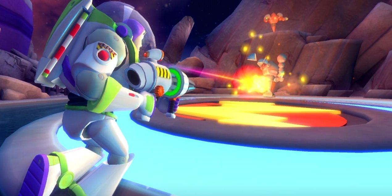 Buzz Lightyear fires a lazer beam in Toy Story 3 videogame
