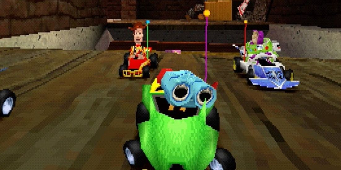 Screengrab from Toy Story Racer on the PS1 of Lenny Buzz and Woody driving cars