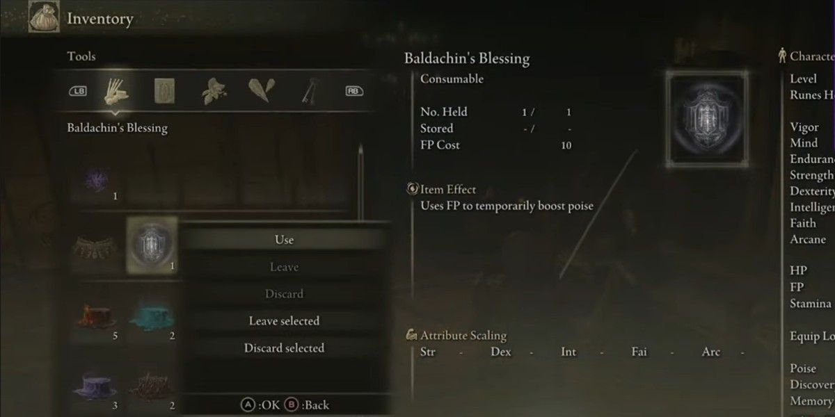 using Baldachin's Blessing from the inventory menu