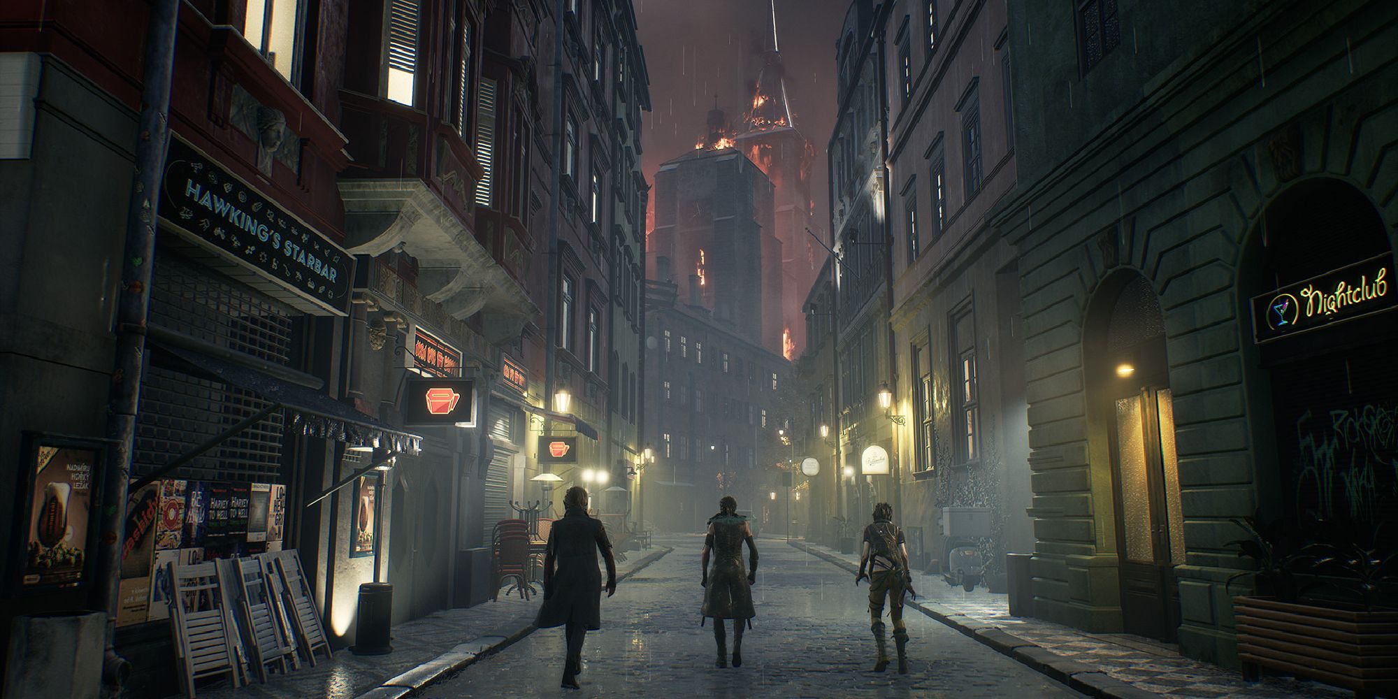 Three players wander the rainy streets of Prague in Vampire: The Masquerade - Blood Hunt