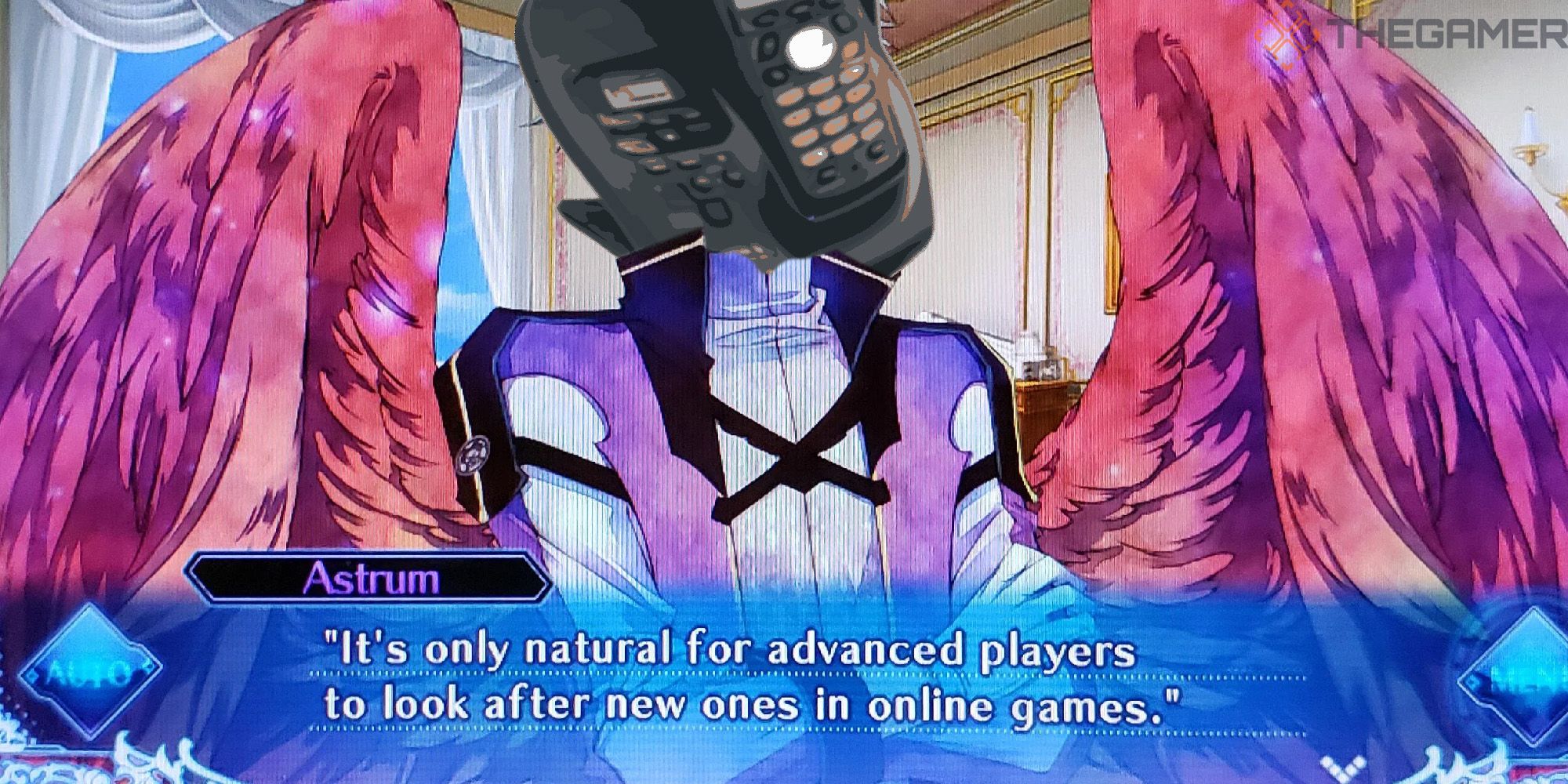 A winged Telephone Man talks to you in the fake visual novel version of Read Only Memories: Neurodriver.