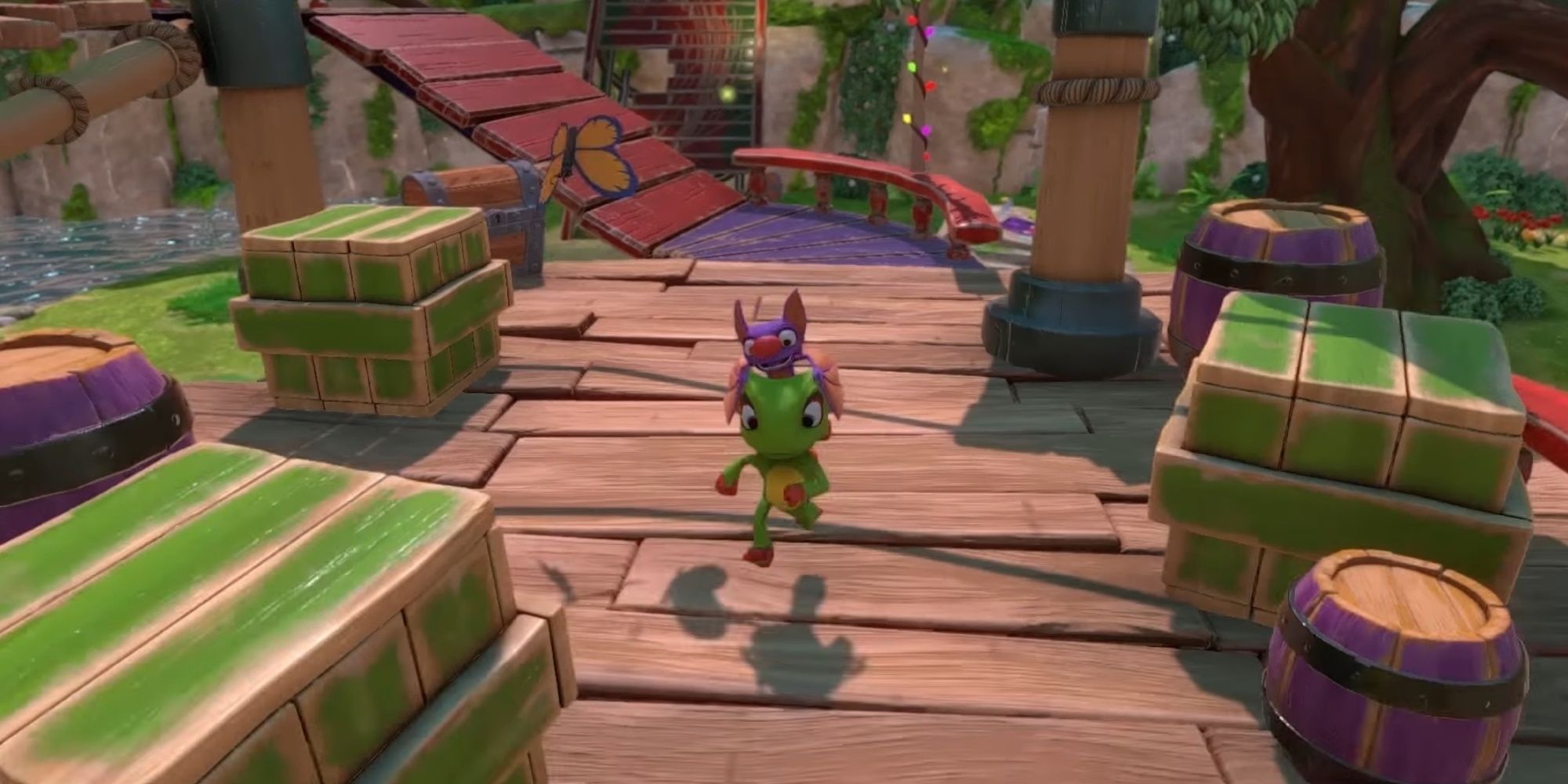 A screenshot showing Yooka and Laylee running towards the camera in Yooka-Laylee