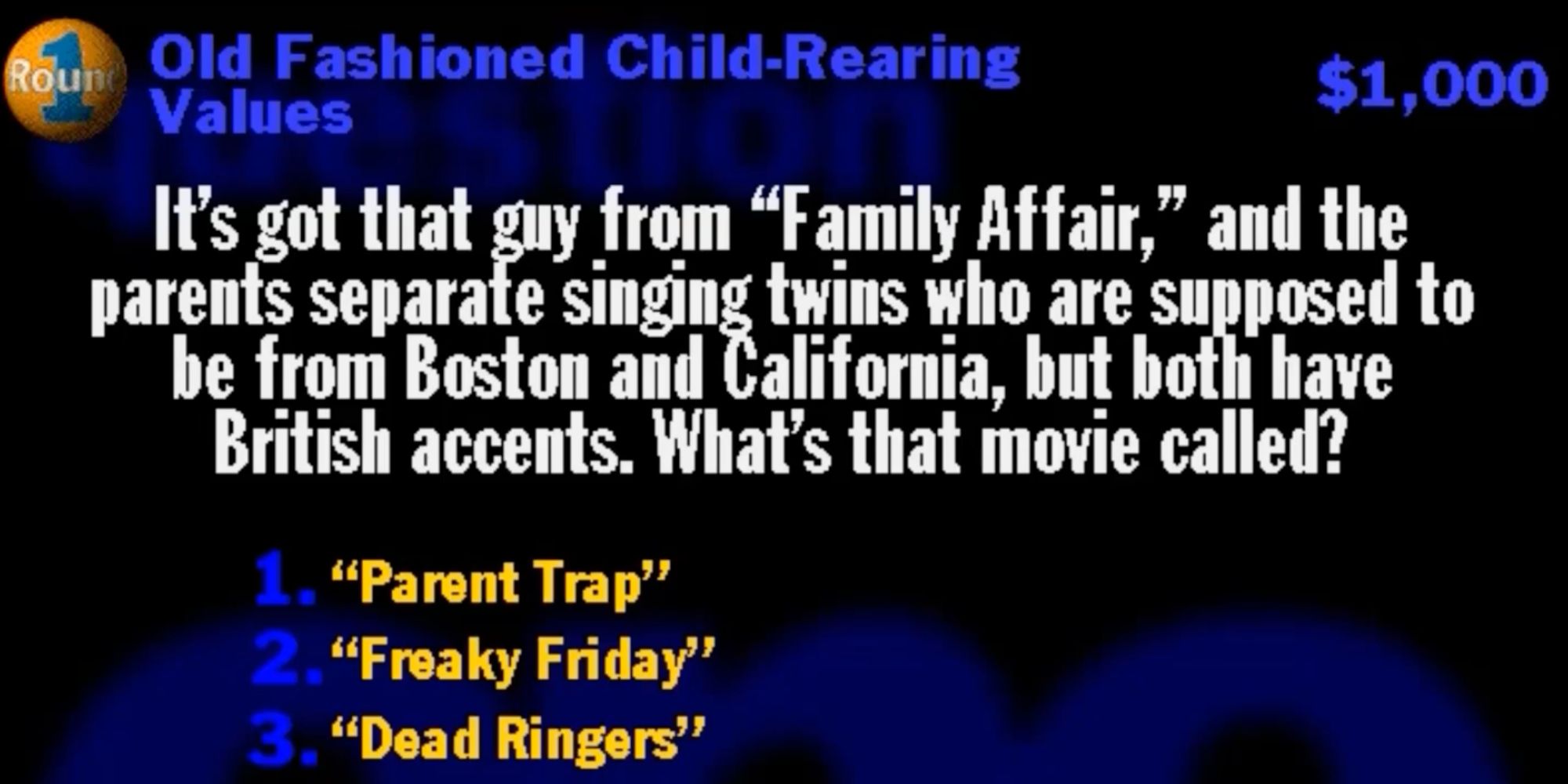 A screenshot from the original You Don't Know Jack, showing a question about a movie featuring a pair of separated twins