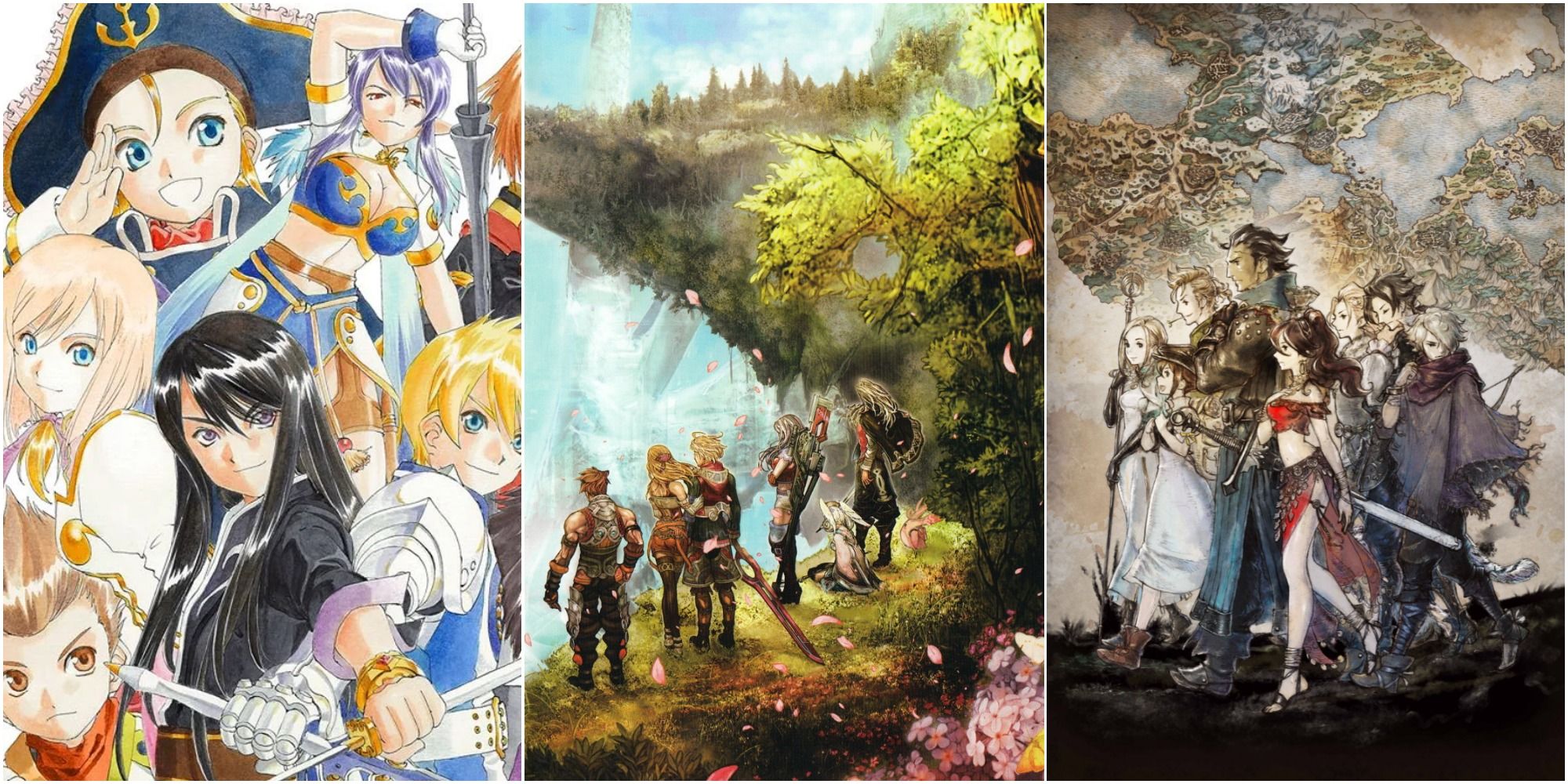 Split image screenshots of the Tales of Vesperia cast, Xenoblade Chronicles cast and Octopath Traveler cast.
