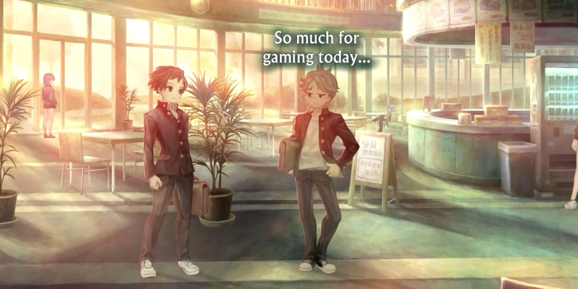 Shiba and Kurabe give up on playing video games after school in 13 Sentinels: Aegis Rim