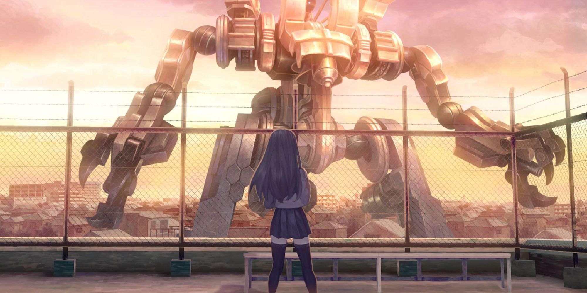 Megumi gazes up at her Sentinel in 13 Sentinels: Aegis Rim