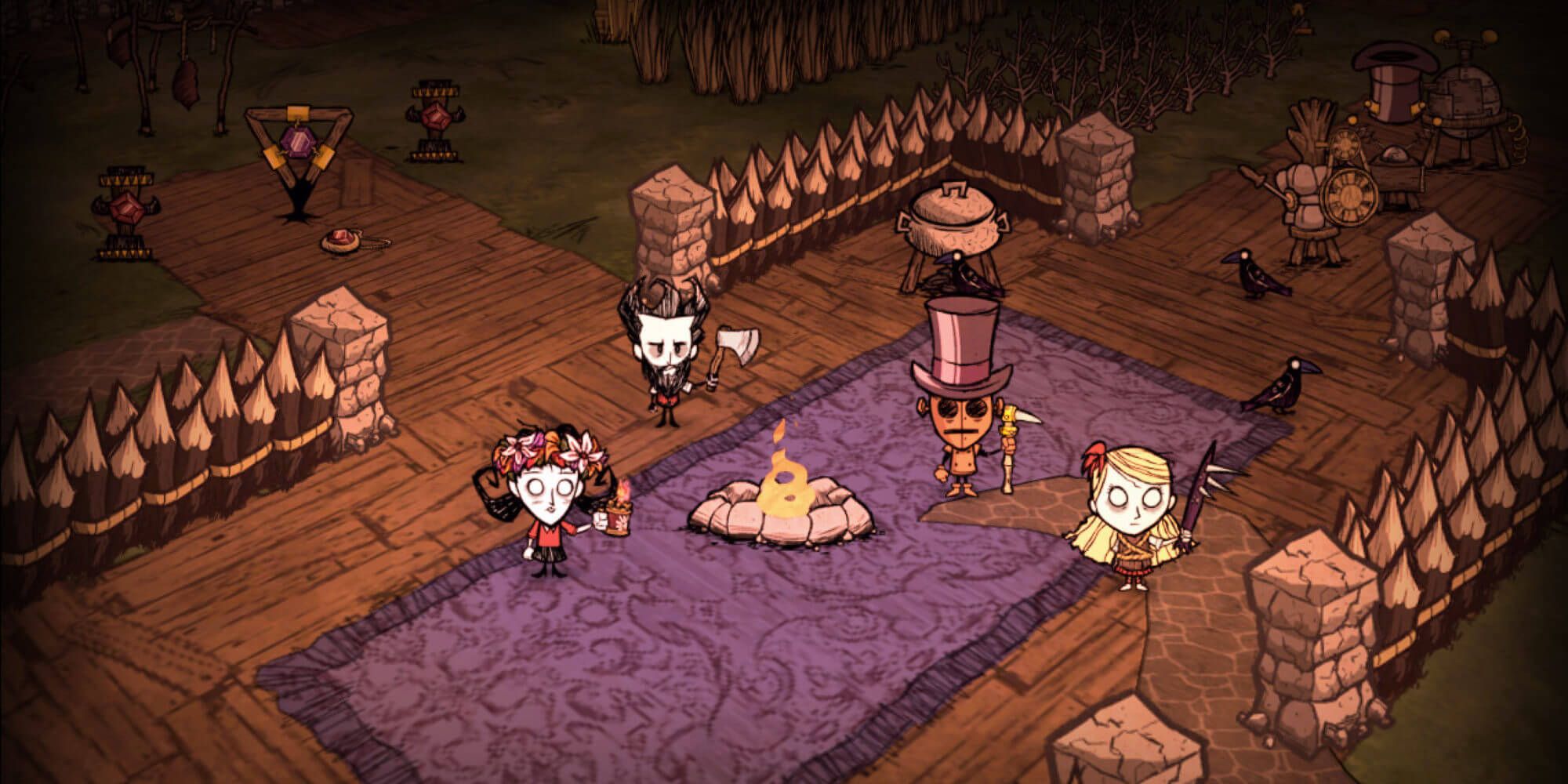 Players gathered around a fire in Don't Starve Together