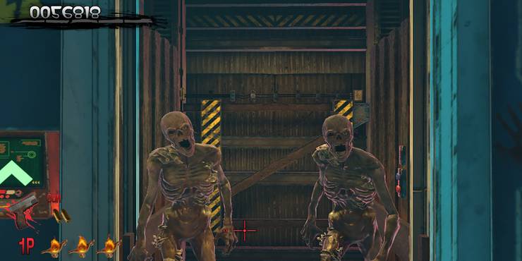 Two creatures approach the player after exiting a freight elevator in The House Of The Dead: Remake.