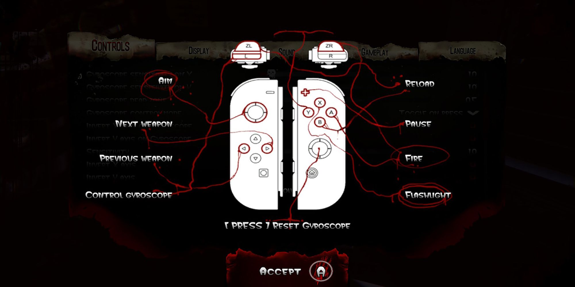 A control mapping diagram for traditional controls on the Nintendo Switch for The House Of The Dead: Remake.