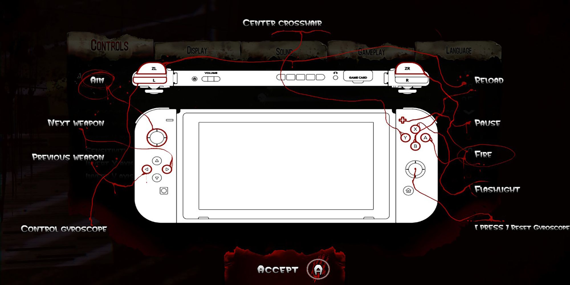 The full control mapping for The House Of The Dead: Remake on Nintendo Switch's handheld mode.