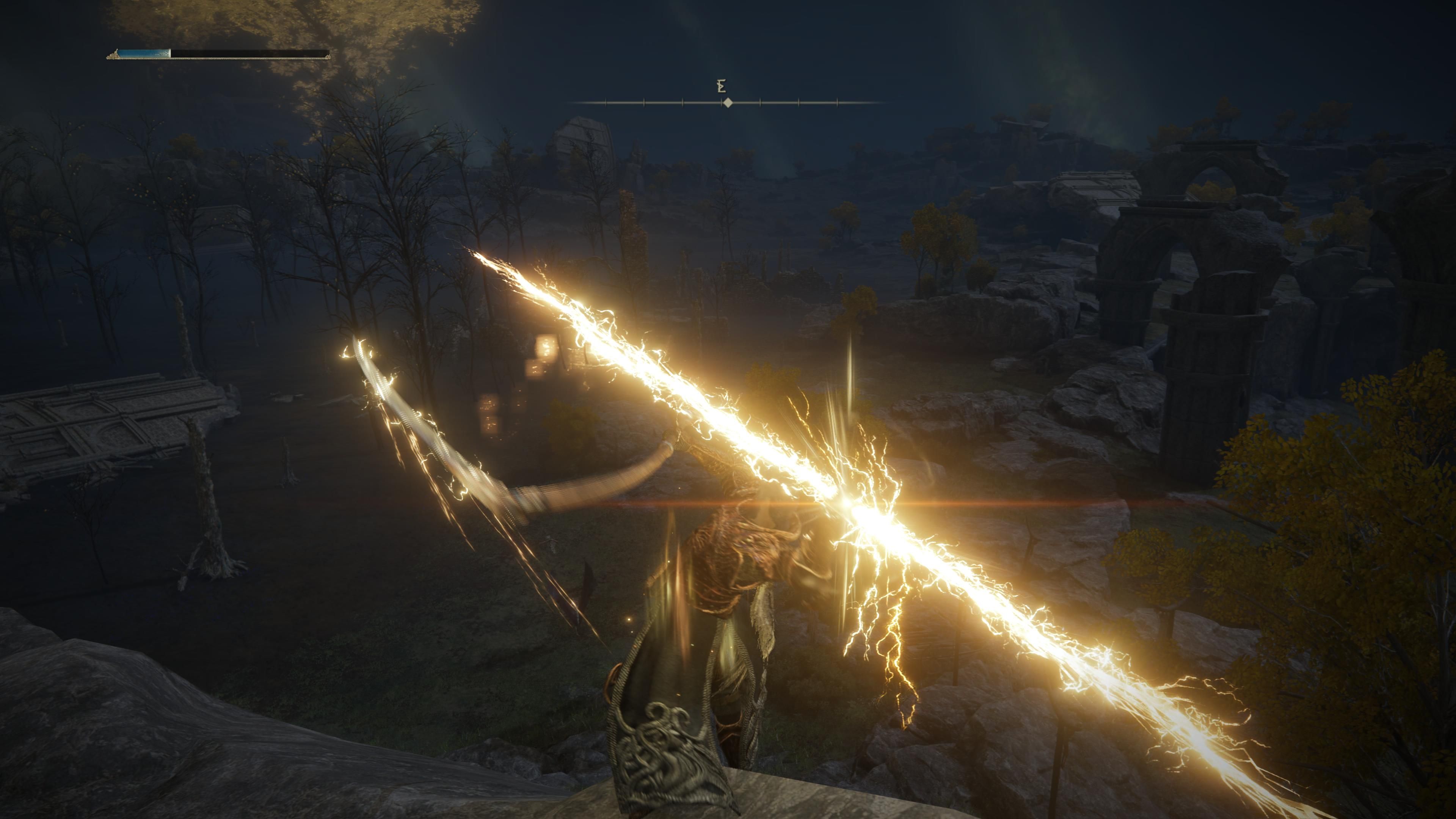 A Tarnished casts Lightning Spear in Elden Ring.