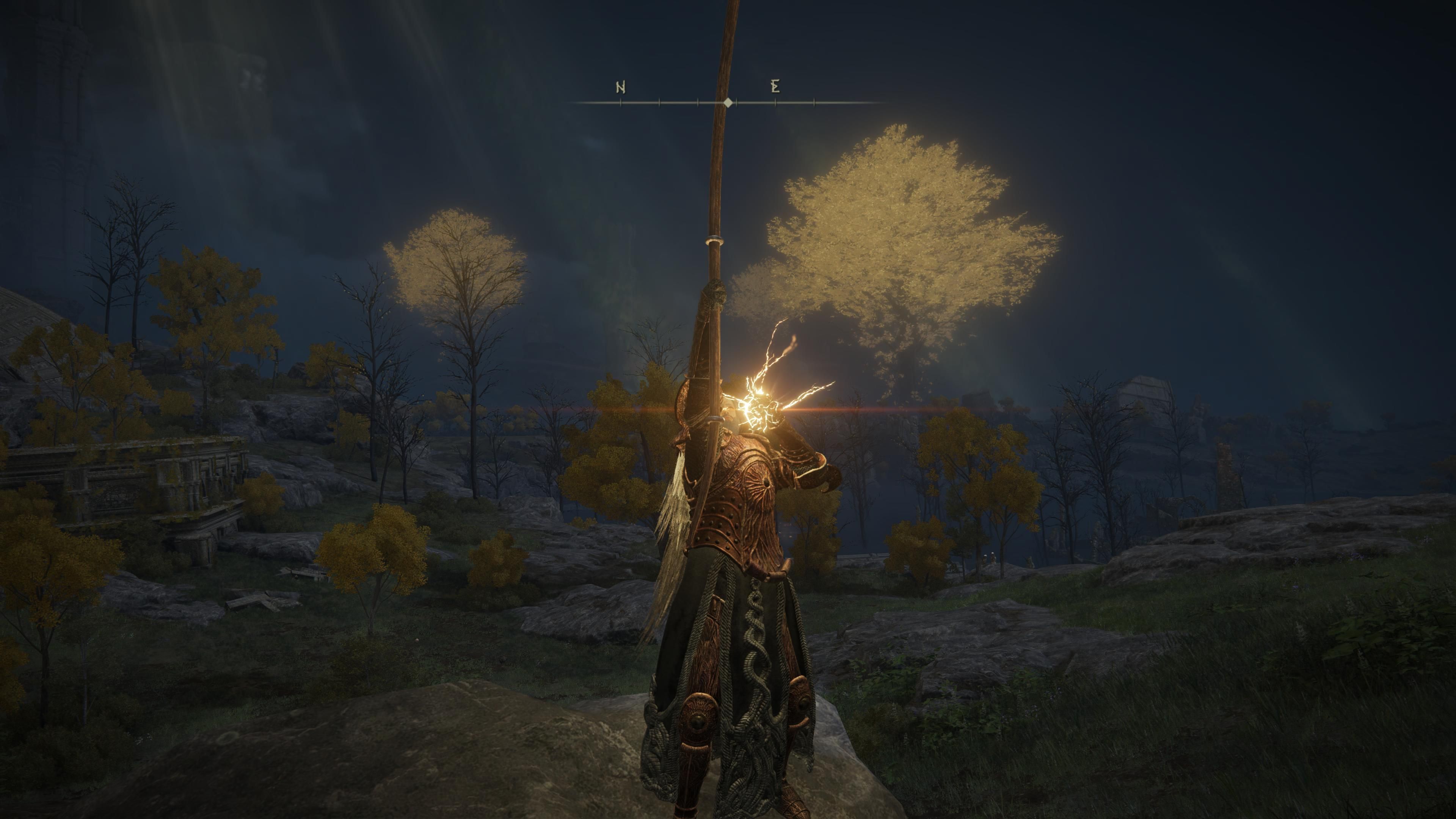 A Tarnished casts Lightning Armament in Elden Ring during the evening.