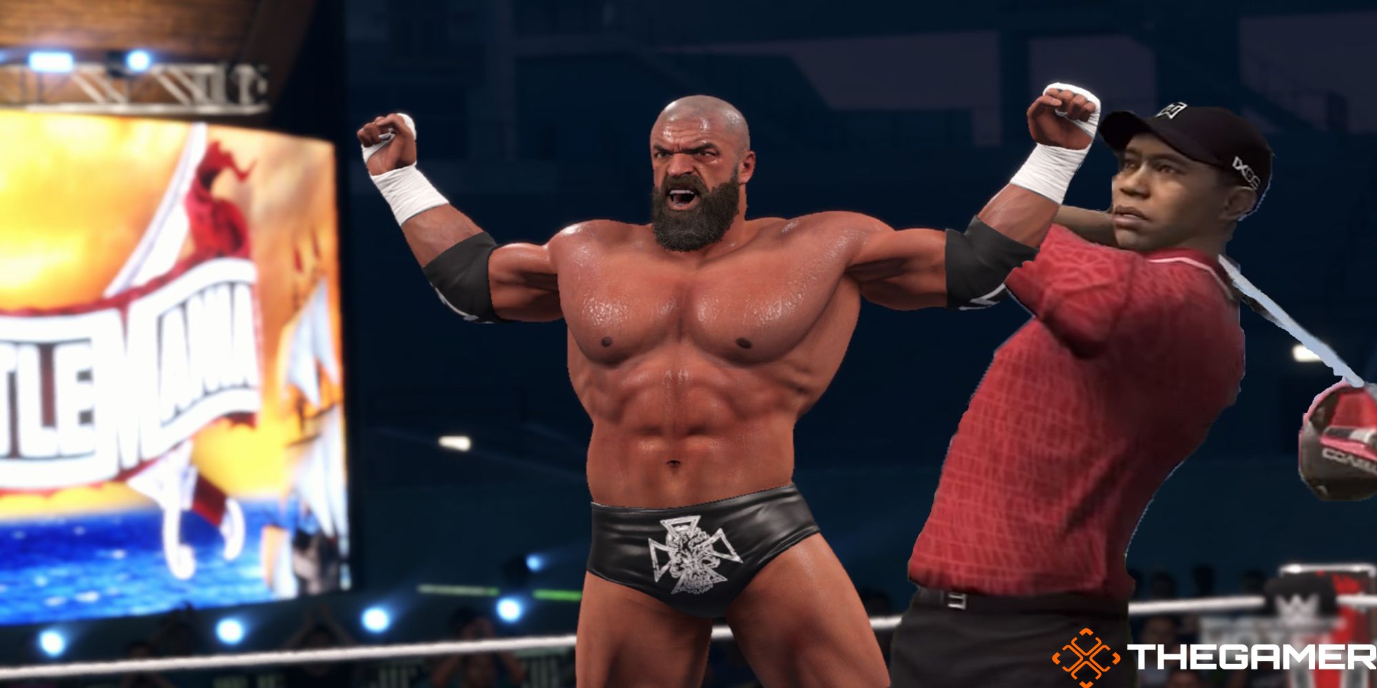 Tiger Woods sneaks up on Triple H with a golf club during Wrestlemania in the 2K Sports Multiverse.