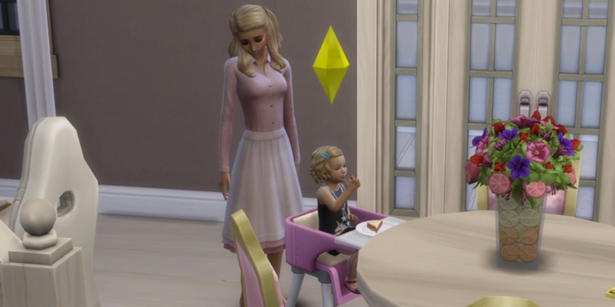 A toddler eating on a high chair in The Sims 4