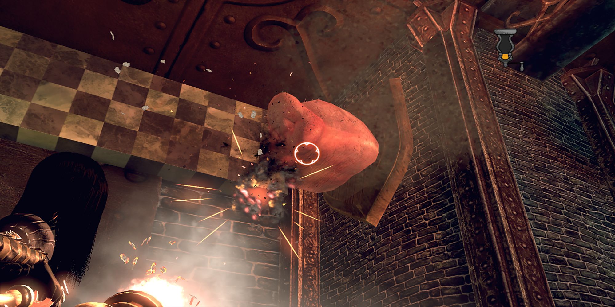 Alice shoots her pepper grinder at a pig snout in the Mad Hatter's empire. Alice: Madness Returns.
