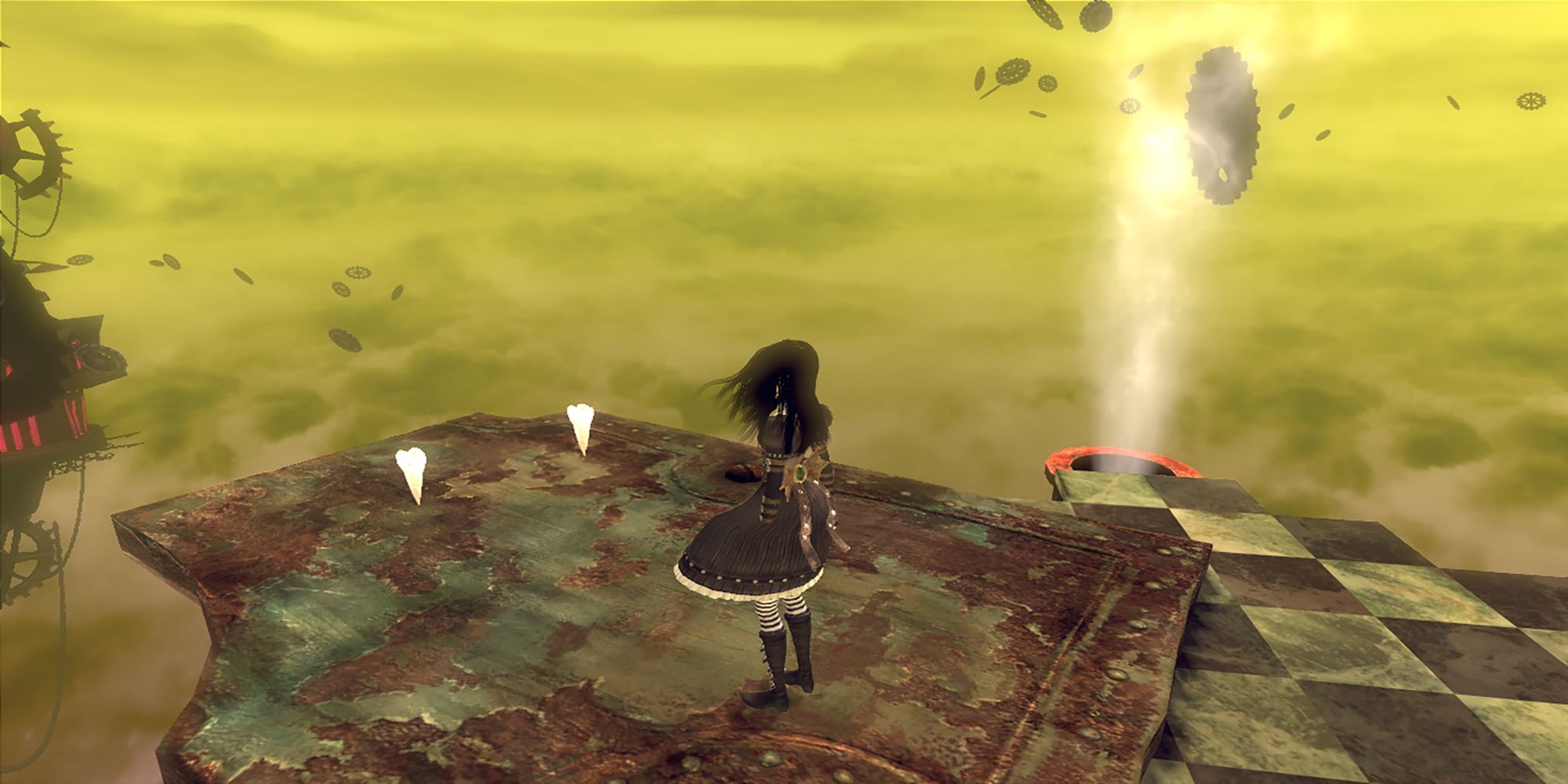 Alice approaches two white teeth in the Mad Hatter's empire. Alice: Madness Returns.