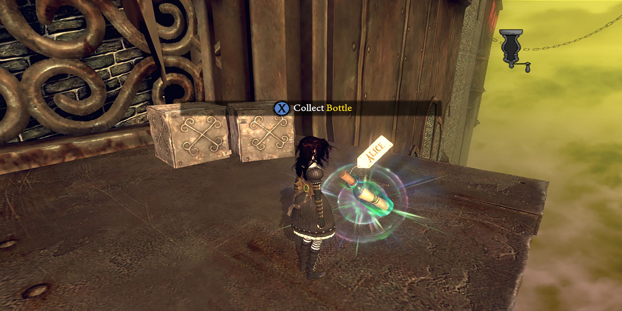Alice approaches a bottle and two unopened boxes on a platform in the Mad Hatter's empire. Alice: Madness Returns.