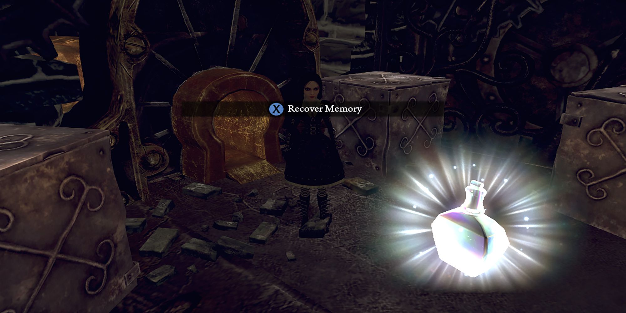 Alice approaches a shining liquor bottle memory in the Mad Hatter's empire. Alice: Madness Returns.