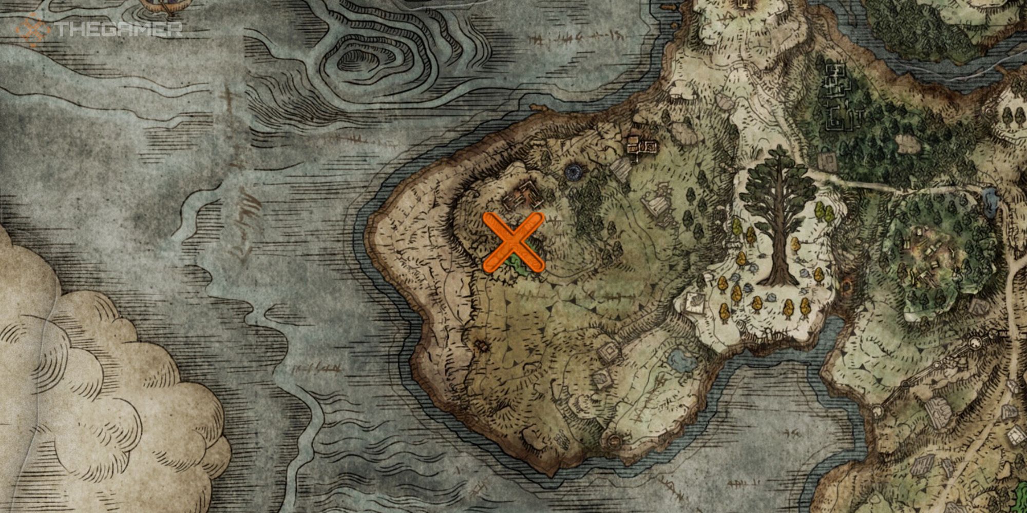 Map showing the location of the Ambush Shard Sorcery in Elden Ring