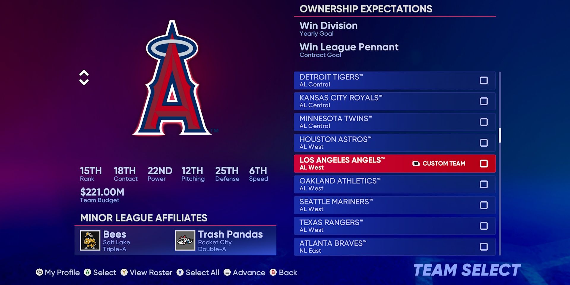 LA Angels Franchise Mode Team Select